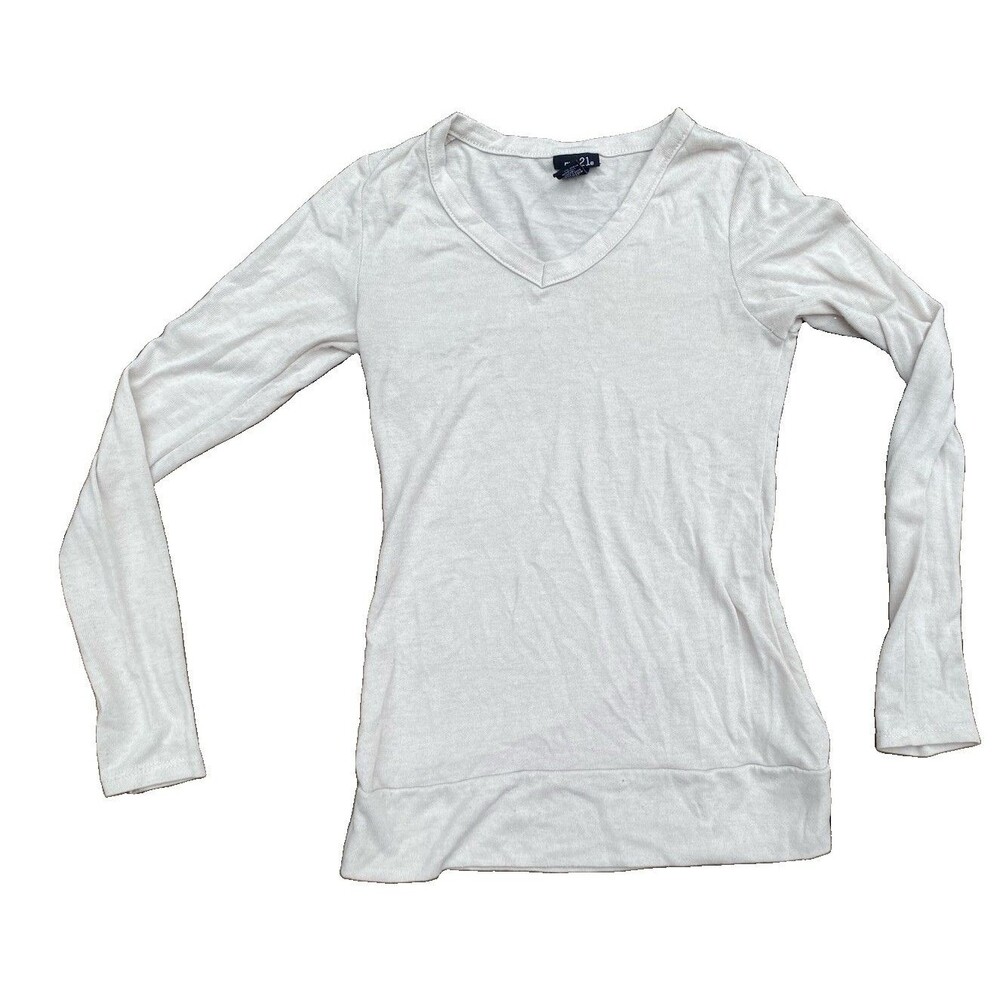Y2K Rue 21 Jrs Sz Small Knit Sweater Cream Long Sleeve V-Neck Stretch Pullover